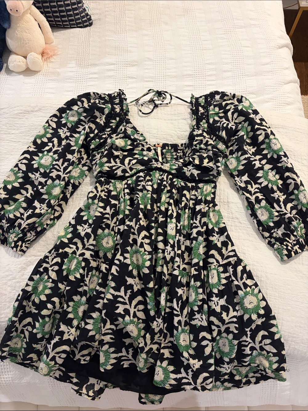 Free People Black Floral Mini Dress with Green Accents